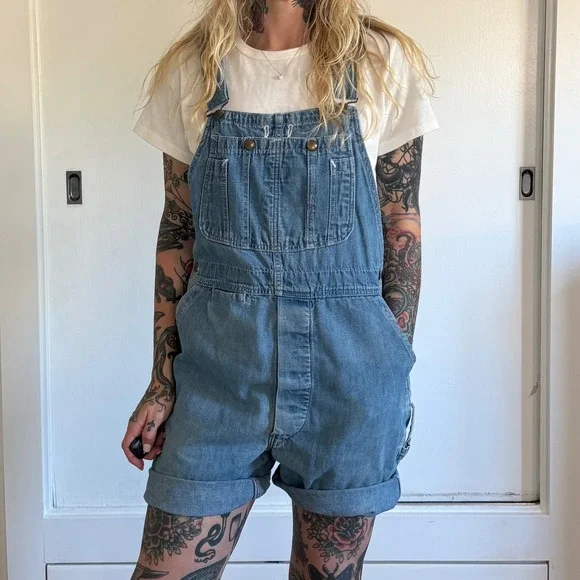 Vintage 1970s Gap Denim Shorts Medium Wash Workwear Overalls Carpenter - Picture 6 of 9